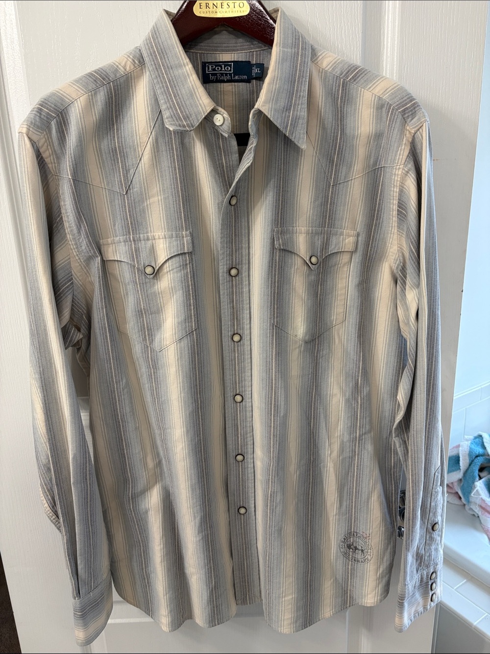 Polo by Ralph Lauren Beige, blue and Gray Vertical Stripe Western Shirt XL